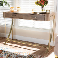 Baxton Studio FJ2A034-Light Brown-Console Lafoy Modern and Contemporary Natural Brown Finished Wood and Gold Finished 2-Drawer Console Table